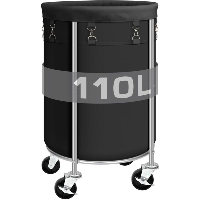 Laundry Hamper with Wheels, Rolling Laundry Basket, Round Laundry Sorter Cart with Steel Frame and Removable Bag, 4 Casters and 2 Brakes, Ideal for Bedroom, Bathroom, Laundry Room, Black