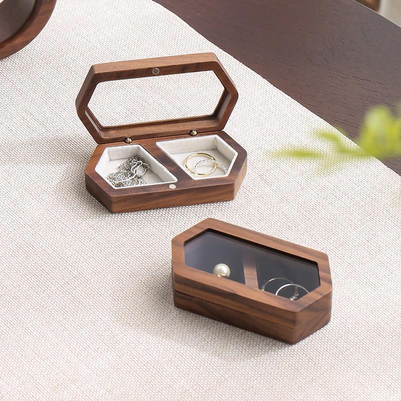 Random Wooden Grain Ring Storage Box, 1 Count Wedding Ceremony Ring Box with Clear Lid, Jewelry Display Container for Proposal Gifts