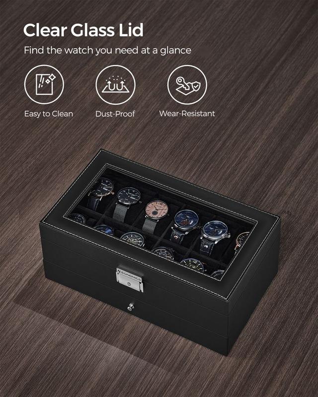 SONGMICS HOME 2 Layers Watch Box, Lockable Watch Case with Glass Lid and Drawer for Rings, Bracelets, Gift Idea Organiser