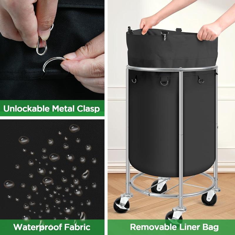 Laundry Hamper with Wheels, Rolling Laundry Basket, Round Laundry Sorter Cart with Steel Frame and Removable Bag, 4 Casters and 2 Brakes, Ideal for Bedroom, Bathroom, Laundry Room, Black