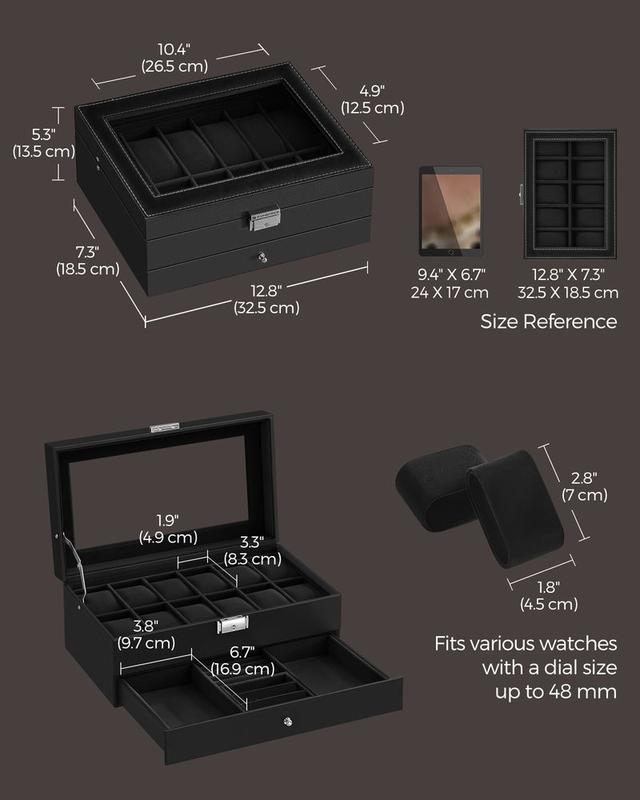 SONGMICS HOME 2 Layers Watch Box, Lockable Watch Case with Glass Lid and Drawer for Rings, Bracelets, Gift Idea Organiser