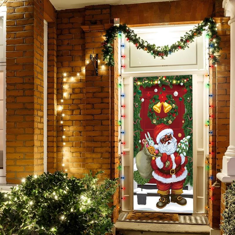 Christmas Themed Door Banner, 1 Count Santa Claus & Bell & Garland Pattern Door Hanging Banner, Festive Backdrop for Home Living Room Bedroom Decor