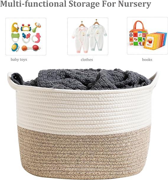 Square Cotton Rope Samll Baskets With Handles for Nursery, Toys, Household, Nursery, Handcrafted Woven Gift Baskets for Storage and Organization,13.5x11x9.5inch