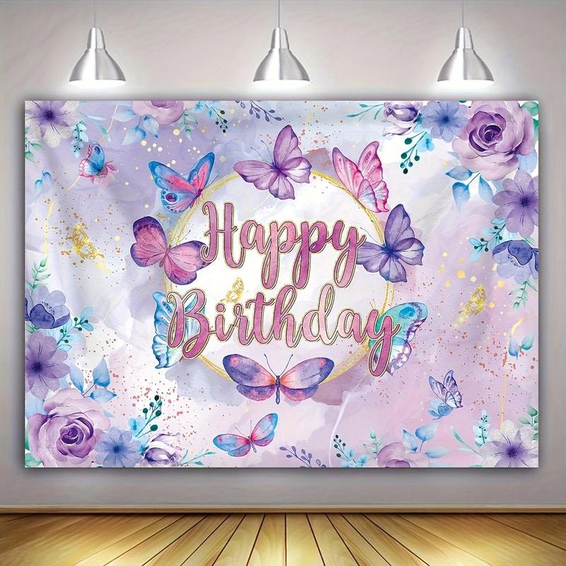 Butterfly & Flower Pattern Backdrop, Happy Birthday Background, Photo Booth Props, Birthday Party Decoration Supplies for Home & Outdoor