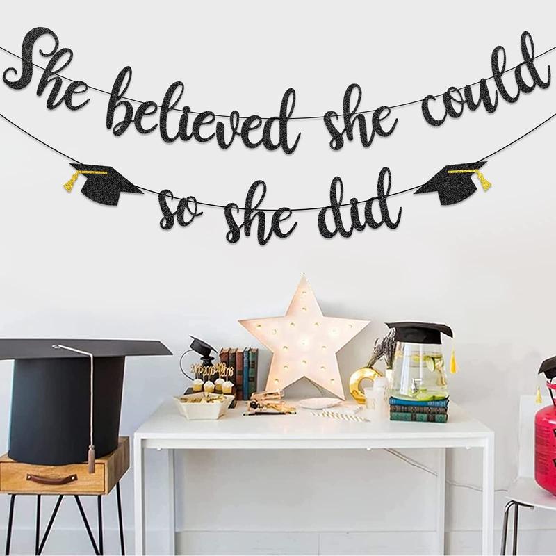 She Believed She Could So She Did Banner Decorations - Glitter She Did It 2024 Garland Graduation Bunting Banner, Congrats Grad Photo Backdrop for Girls College Graduation Party Favors