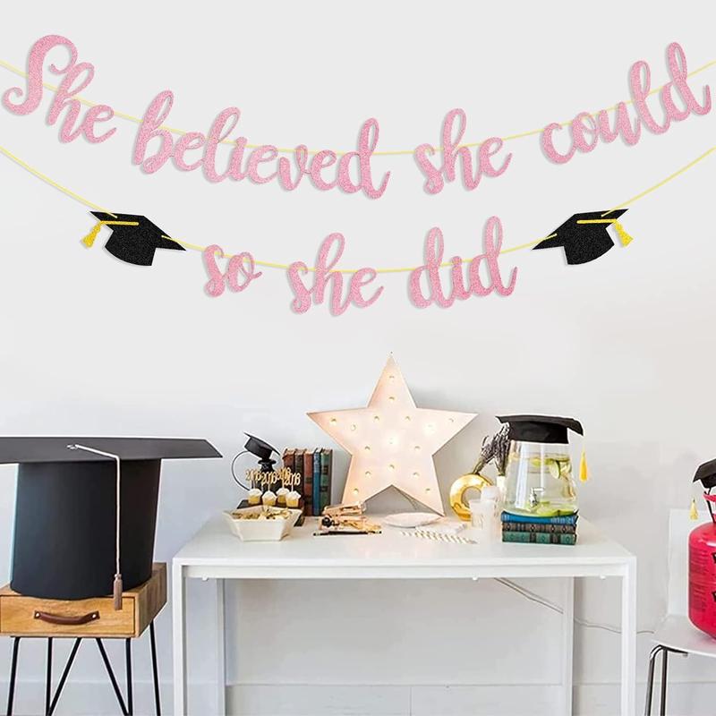 She Believed She Could So She Did Banner Decorations - Glitter She Did It 2024 Garland Graduation Bunting Banner, Congrats Grad Photo Backdrop for Girls College Graduation Party Favors