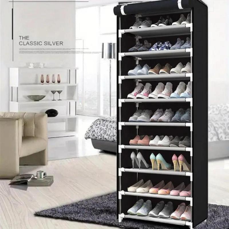 Non-Woven Multi-Layer Steel Frame Shoe Cabinet, Large Capacity Shoe Rack Without Zipper Dust Cover, Contemporary Style Decorative Room Organiser