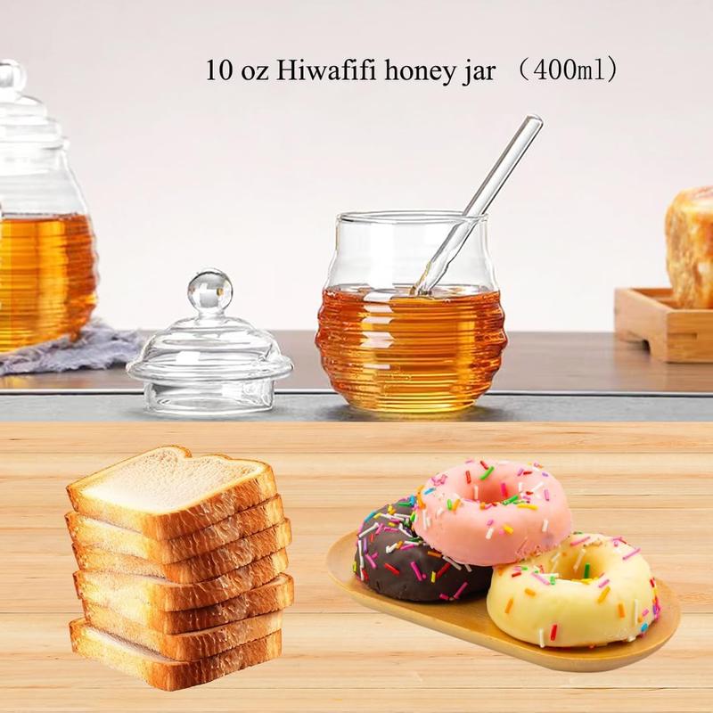 Honey Jars,Honey Jar，With Dipper and Lid Glass Honey Bee Pot, Clear，15.2Oz Glass Beehive Honey Pot for Home Kitchen Glass Honey Pot