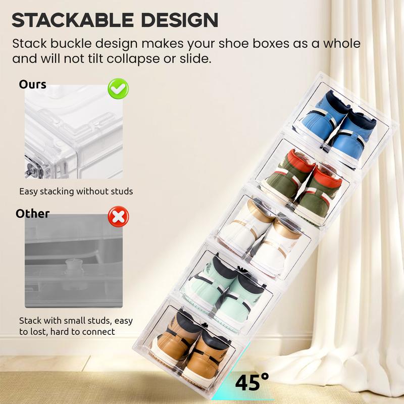 ParKoo Large Magnetic Shoe Organizer with Magnetic Door, 6 Pack Boxes Clear Stackable, Organizer for Closet, Shoe Rack Sneaker Container Bin Holder.