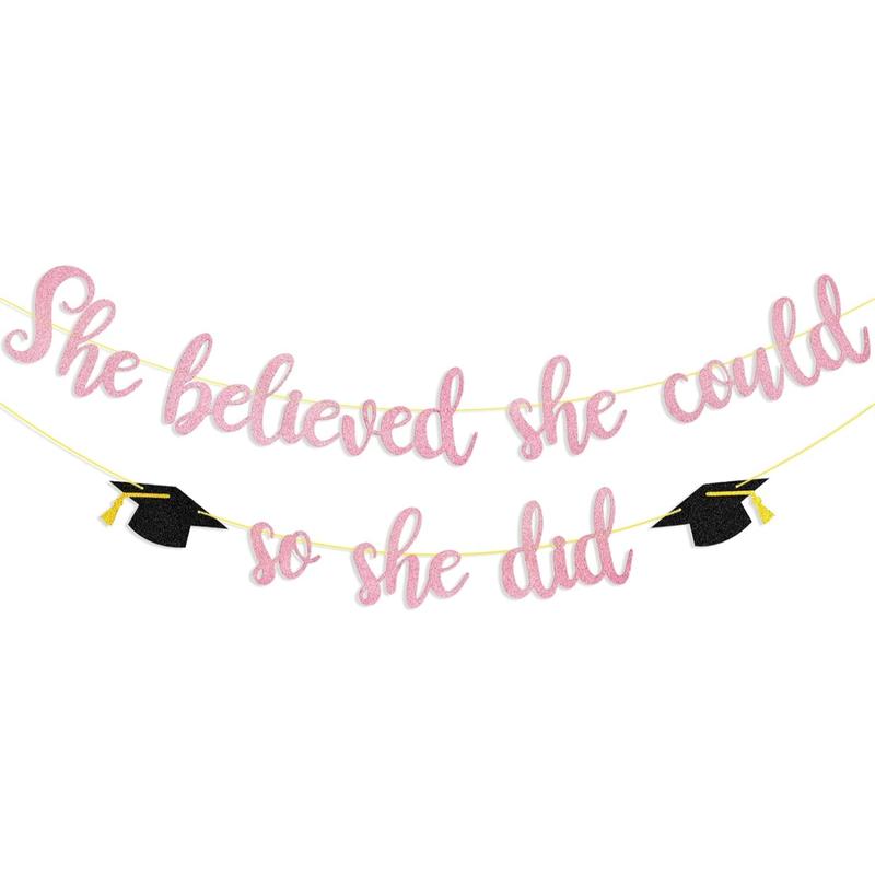 She Believed She Could So She Did Banner Decorations - Glitter She Did It 2024 Garland Graduation Bunting Banner, Congrats Grad Photo Backdrop for Girls College Graduation Party Favors