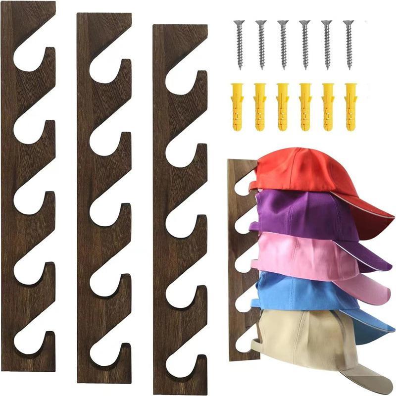 Wooden Hat Rack, 3 Counts Wall Mounted Baseball Hat Organizer, Hat Holder, Hat Storage Rack, Home Organizer for Closet Door Bedroom Entryroom Laundry