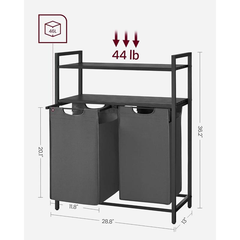 Laundry Hamper, Laundry Basket, Laundry Sorter with 2 Pull-Out and Removable Bags, 2 Shelves, 12.1 Gal (46L) Capacity per Bag, for Laundry Room, Black and Gray UBLH211G01