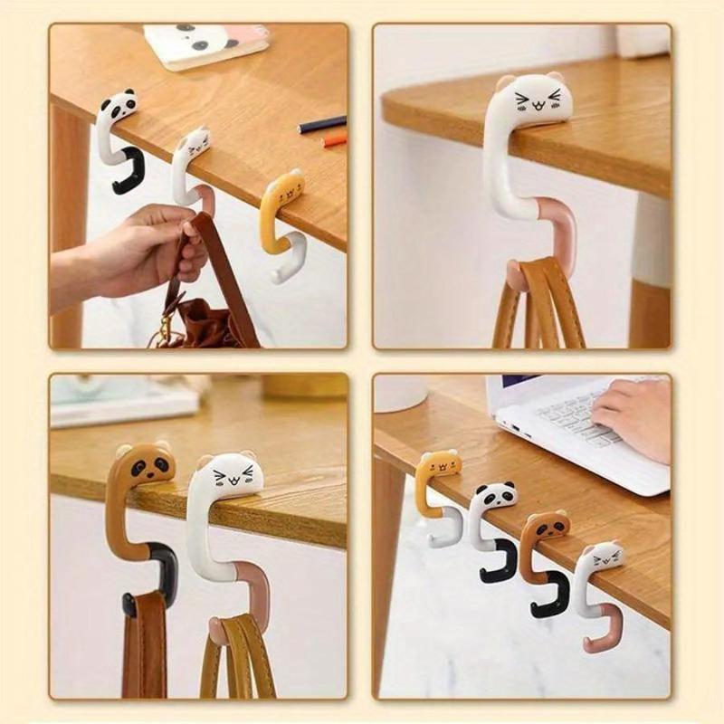 Cute Cartoon Animal Design Desk-side Bag Hook, 4 Counts Portable Punch Free Removable Bag Hook, Bag Hanger for Home Office Desk School