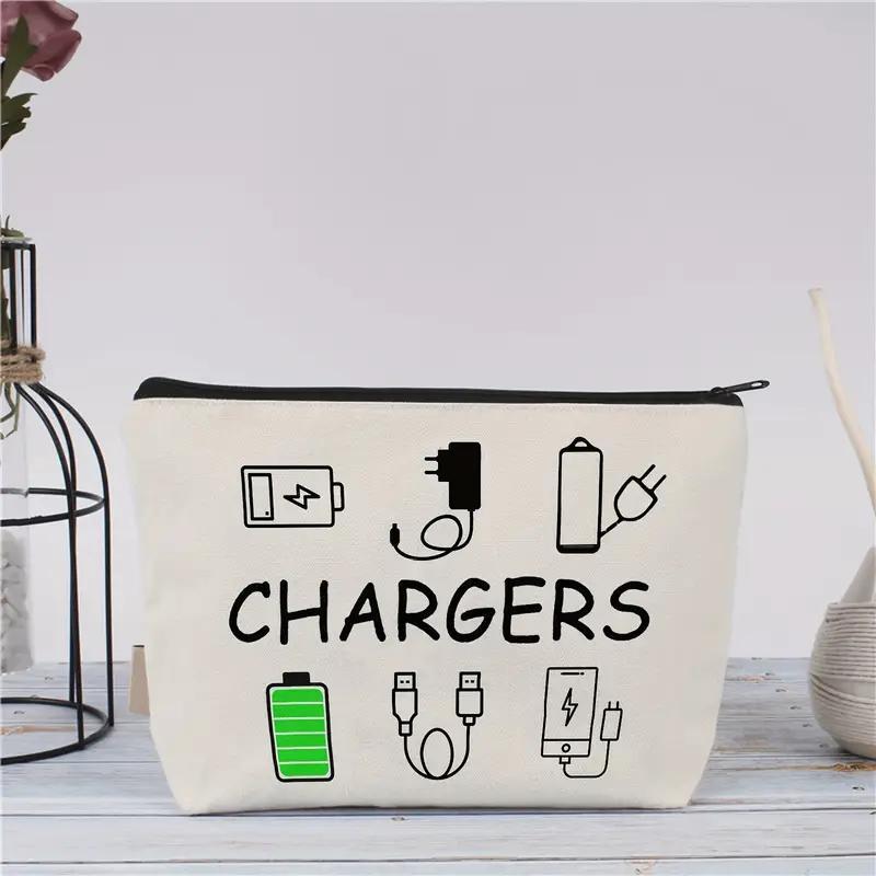 Charger Pattern Charger Storage Bag, 1 Count Portable Data Cable Zipper Storage Bag, Multi-functional Sundries Storage Bag for Home Office Travel