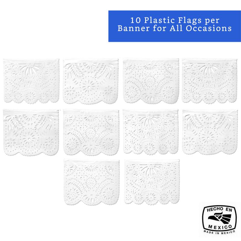 White Papel Picado Banner (5 Pack - 10 Plastic Flags per Banner) - White Mexican Banners for Parties and Weddings - Mexican Themed Party Decorations - Papel Picado Mexicano para Decoraciones