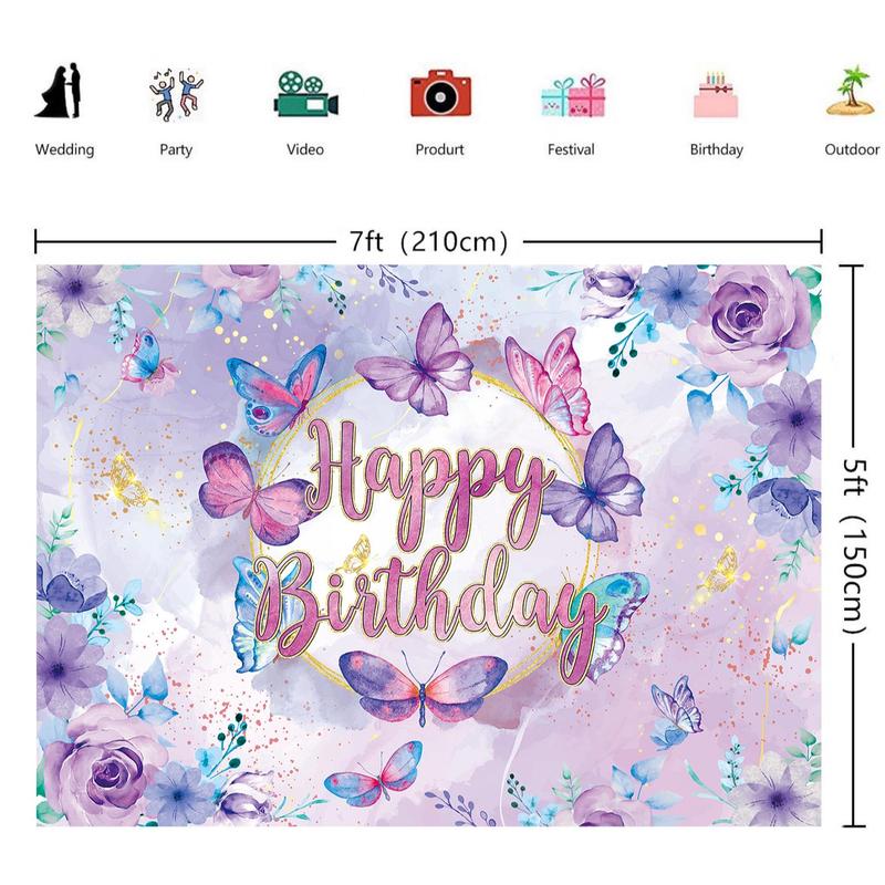 Butterfly & Flower Pattern Backdrop, Happy Birthday Background, Photo Booth Props, Birthday Party Decoration Supplies for Home & Outdoor