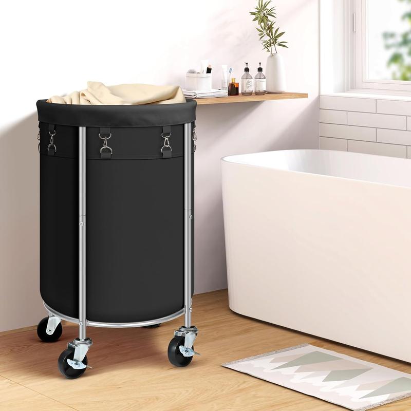 Laundry Hamper with Wheels, Rolling Laundry Basket, Round Laundry Sorter Cart with Steel Frame and Removable Bag, 4 Casters and 2 Brakes, Ideal for Bedroom, Bathroom, Laundry Room, Black