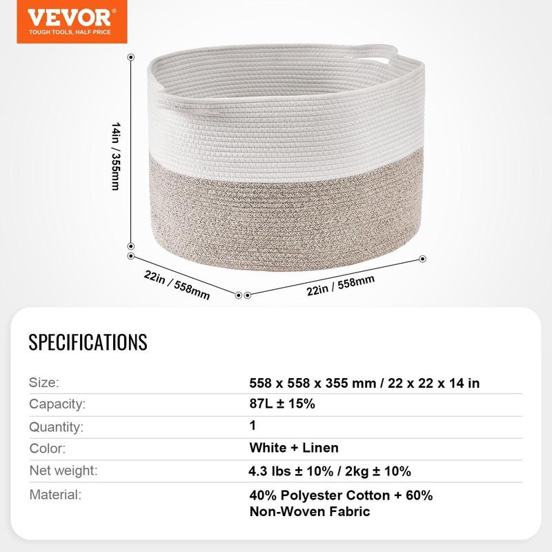 VEVOR Cotton Rope Storage Basket 87L Woven Blanket Basket 20 x 20 x 14 in