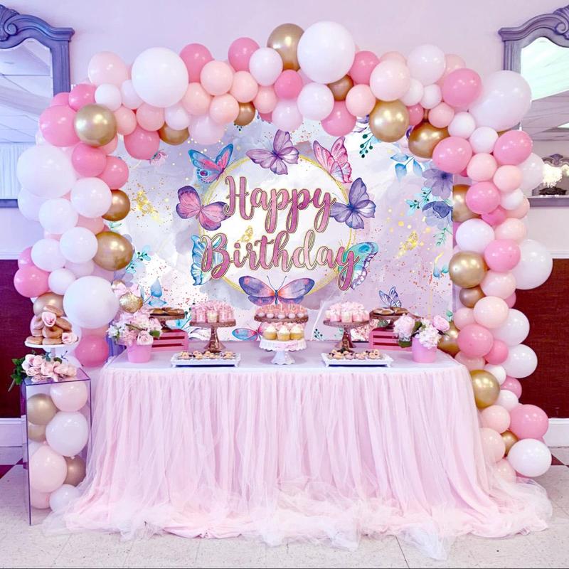 Butterfly & Flower Pattern Backdrop, Happy Birthday Background, Photo Booth Props, Birthday Party Decoration Supplies for Home & Outdoor