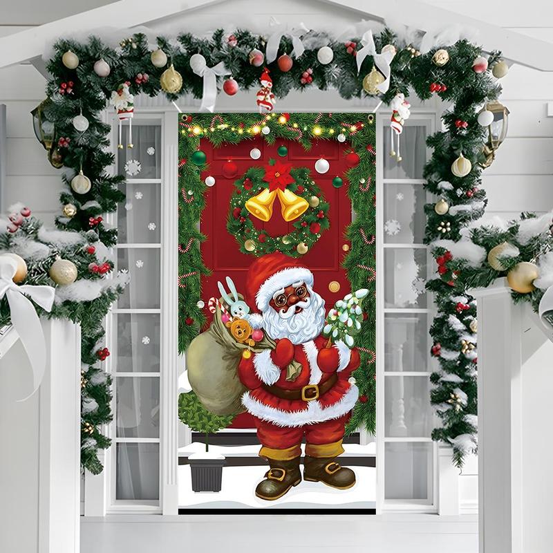 Christmas Themed Door Banner, 1 Count Santa Claus & Bell & Garland Pattern Door Hanging Banner, Festive Backdrop for Home Living Room Bedroom Decor