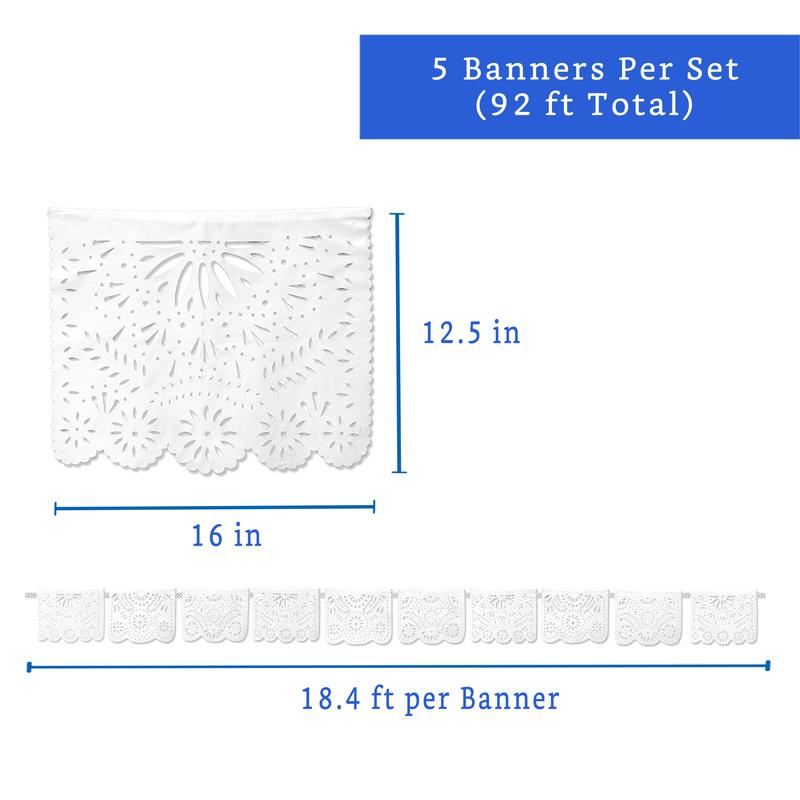 White Papel Picado Banner (5 Pack - 10 Plastic Flags per Banner) - White Mexican Banners for Parties and Weddings - Mexican Themed Party Decorations - Papel Picado Mexicano para Decoraciones