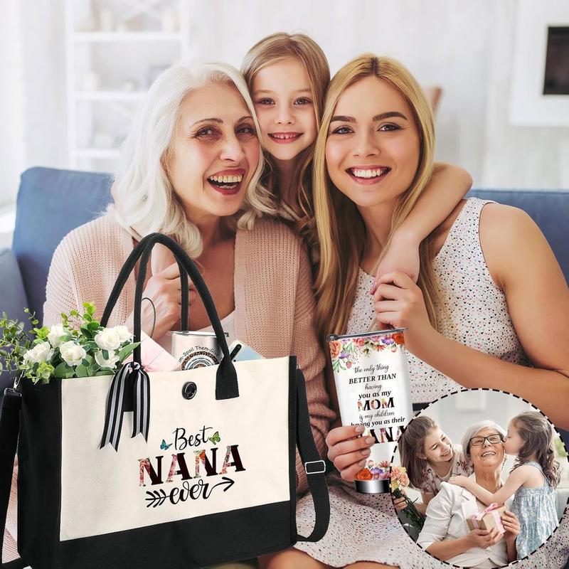 3 Pcs Best Nana Ever Set for Women Christmas Gifts Stainless Steel Tumbler Canvas Tote Bag Mothers Day Birthday Gifts for Friend Family Coworker