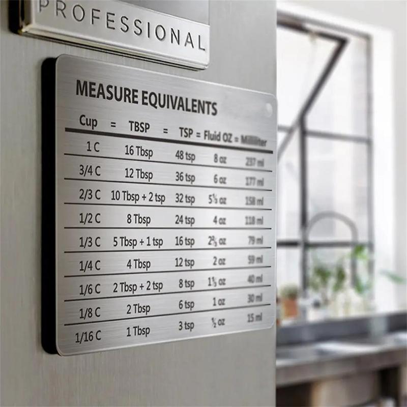 Kitchen Conversion Chart Refrigerator Magnet, 1 Count Measure Equivalents Fridge Magnet, Stainless Steel Fridge Magnet, Baking Measuring Scale Cart Fridge Magnet, Home Decor