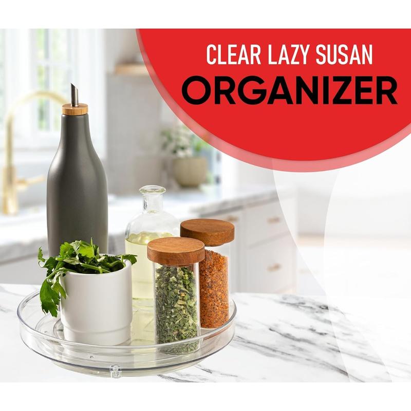 Clear Lazy Susan Organizer - 4PK - 9 Inch - Turntable Organizer - Acrylic Lazy Susan Organizer for Cabinet, Kitchen, Pantry, Fridge & Bathroom - Lazy Susan for Refrigerator - Vanity Countertop