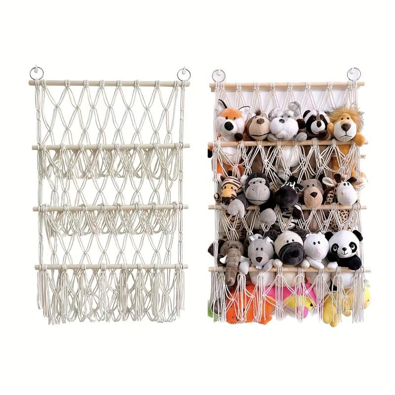 Single layer shelving, children's room with books, dolls, towels, storage, hanging decorations, wooden sticks, plush toys, and mesh pockets Shelves