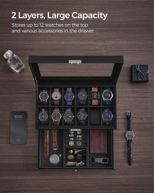 SONGMICS HOME 2 Layers Watch Box, Lockable Watch Case with Glass Lid and Drawer for Rings, Bracelets, Gift Idea Organiser