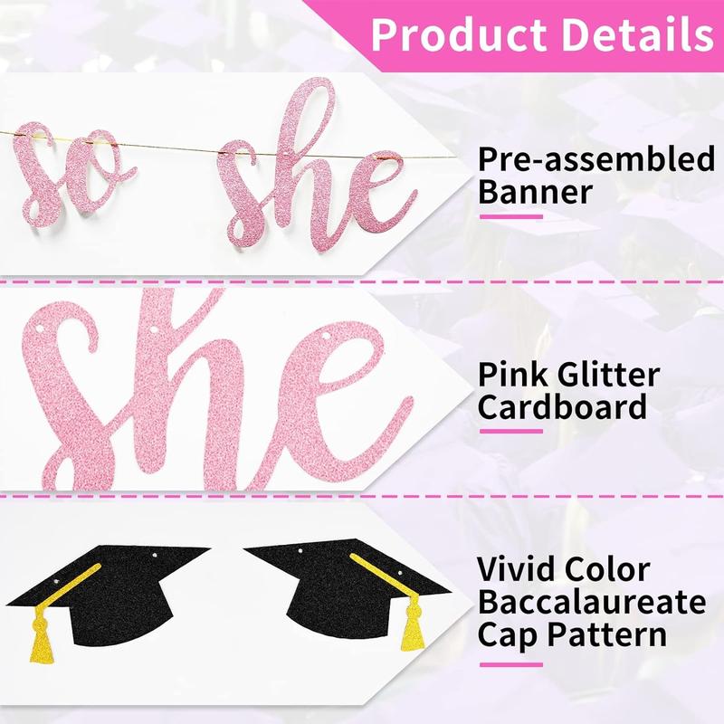 She Believed She Could So She Did Banner Decorations - Glitter She Did It 2024 Garland Graduation Bunting Banner, Congrats Grad Photo Backdrop for Girls College Graduation Party Favors