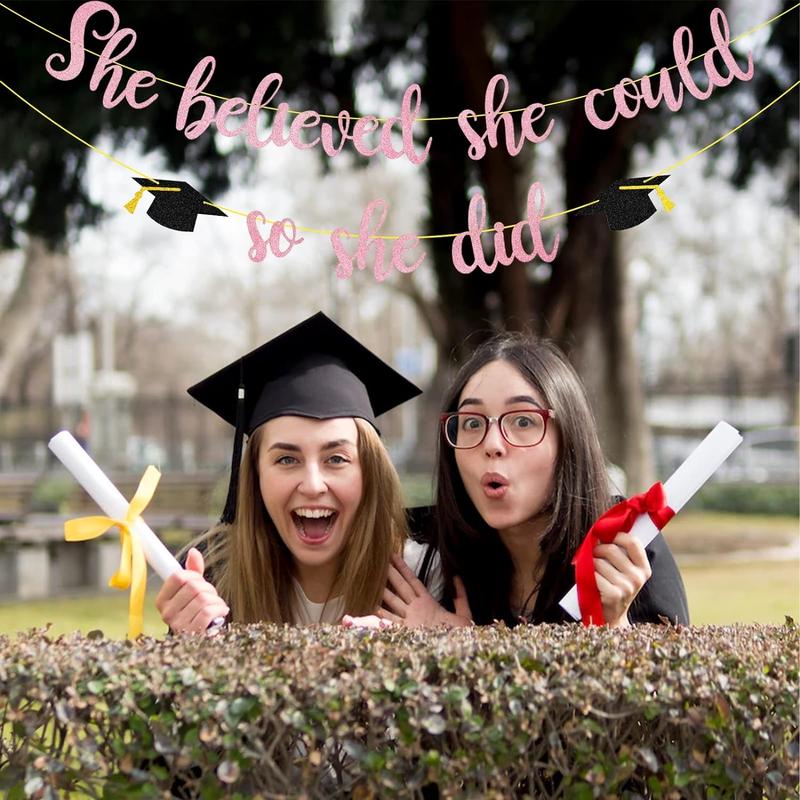 She Believed She Could So She Did Banner Decorations - Glitter She Did It 2024 Garland Graduation Bunting Banner, Congrats Grad Photo Backdrop for Girls College Graduation Party Favors