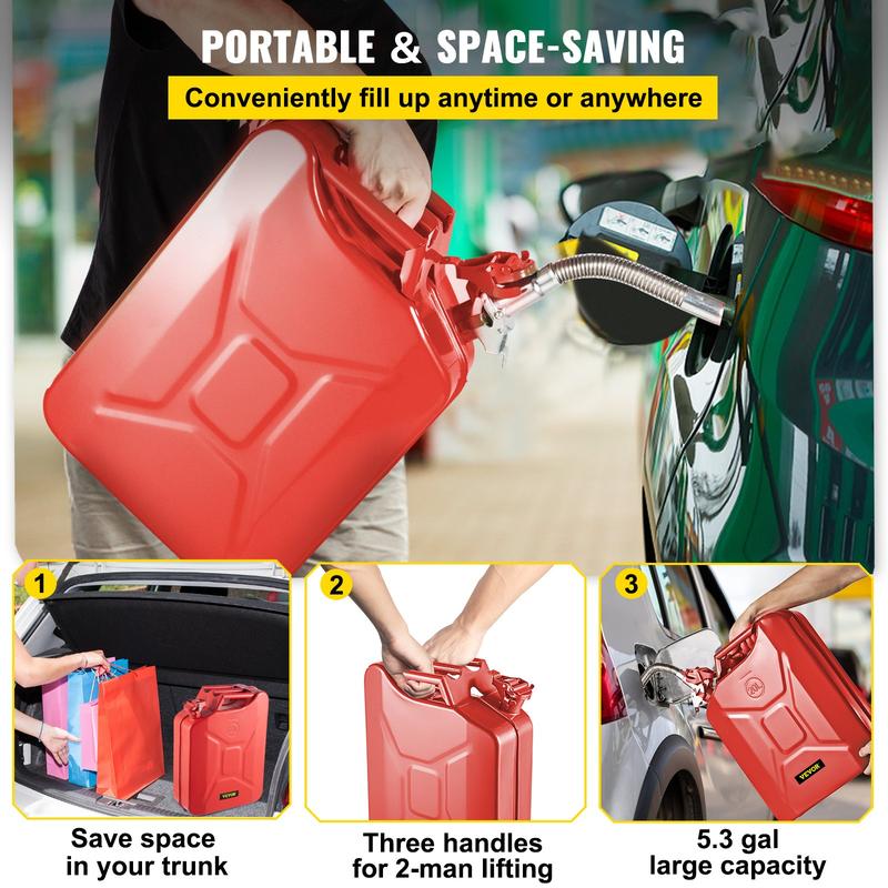 VEVOR Jerry Fuel Can, 5.3Gal   20L Portable Jerry Gas Can with Flexible Spout System, Rustproof ＆ Heat-resistant Steel Fuel Tank for Cars Trucks Equipment Bottles Organiser