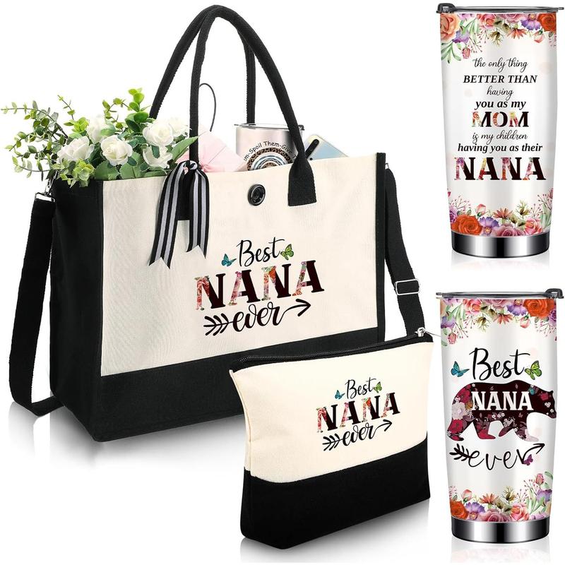 3 Pcs Best Nana Ever Set for Women Christmas Gifts Stainless Steel Tumbler Canvas Tote Bag Mothers Day Birthday Gifts for Friend Family Coworker