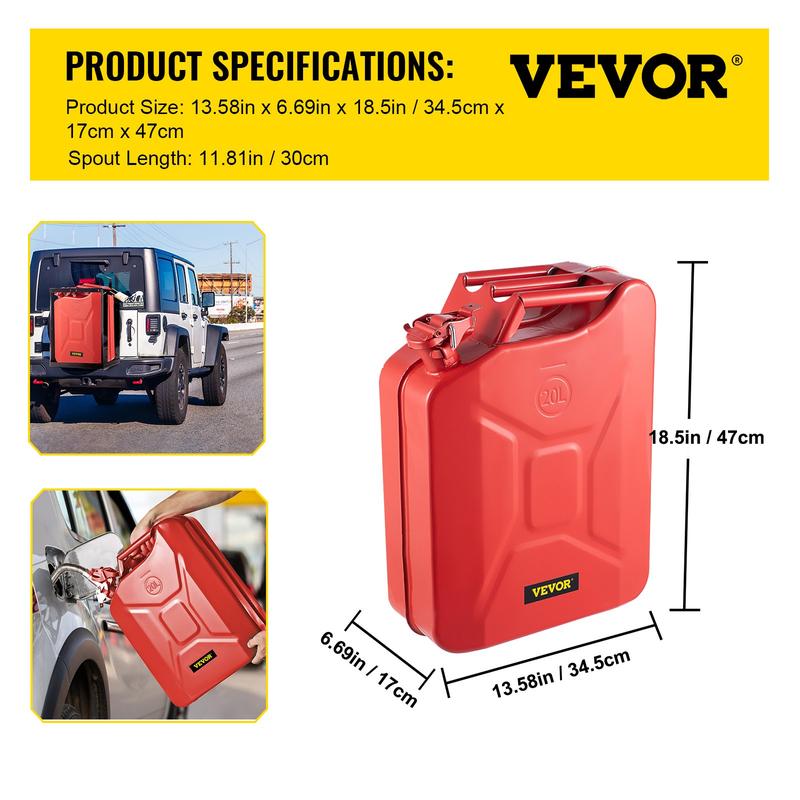 VEVOR Jerry Fuel Can, 5.3Gal   20L Portable Jerry Gas Can with Flexible Spout System, Rustproof ＆ Heat-resistant Steel Fuel Tank for Cars Trucks Equipment Bottles Organiser