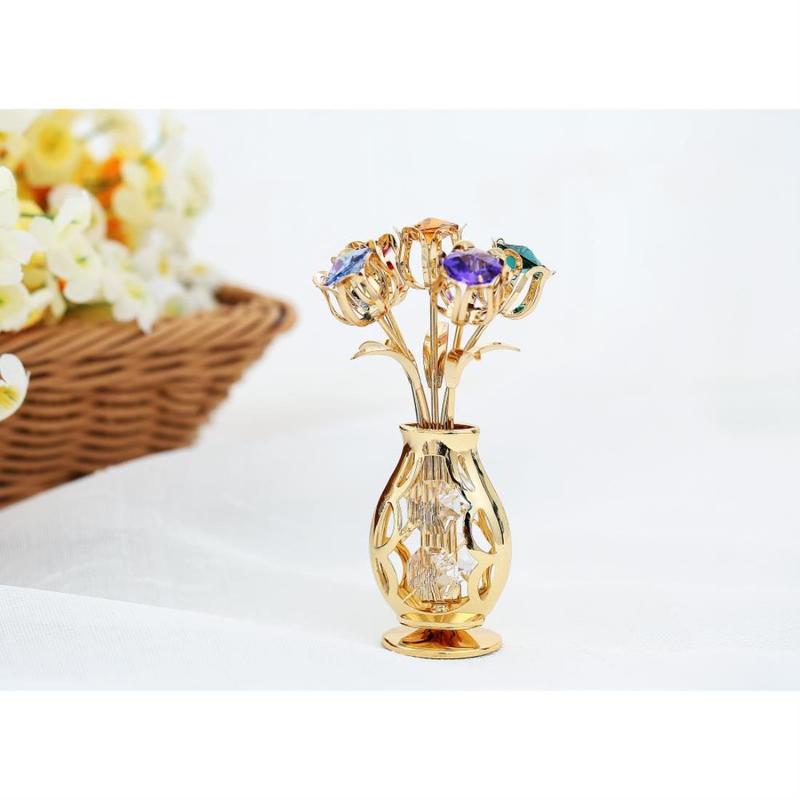 Matashi Best Gift for Mom 24K Gold Plated Flowers Bouquet and Vase Ornament with Crystals Home Decorative Tabletop Decorations Showpiece for Living Room Bedroom Gift for Mother's Day, Birthday