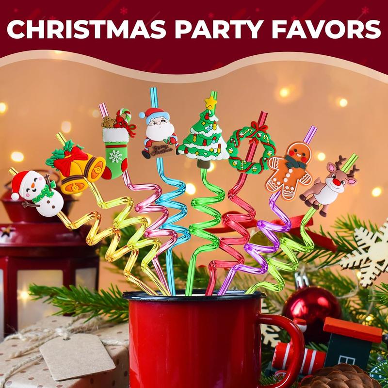 Christmas Party Favors for Kids Bulk, Christmas Straws for Kids Plastic, Christmas Party Favors for Kids Goodie Bags, Christmas School Party Favors for Kids, 24 Christmas Straws & 2 Cleaning Brushes