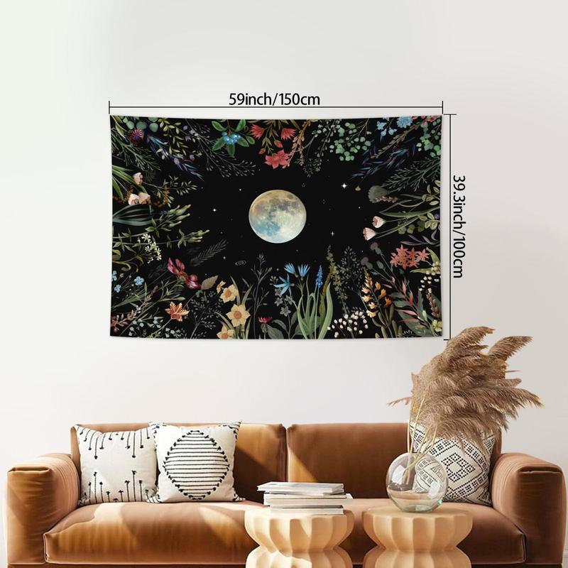 Moonlight Garden Pattern Tapestry, Colorful Floral & Moon Print Tapestry, Wall Hanging Decor for Home Living Room Bedroom, Home Decor