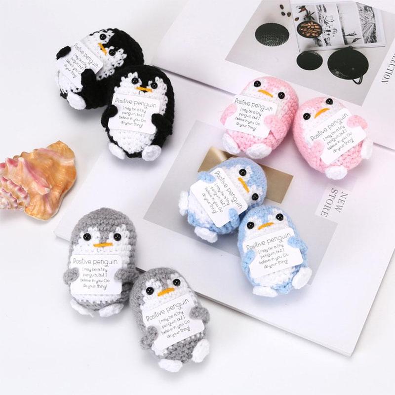 Cute Positive Penguin Crochet Kit, 2 Counts set Handmade Penguin Ornament with Positive Card, Home Decor for Living Room Bedroom Office