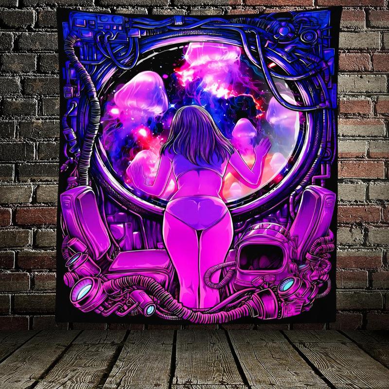 Creative Galaxy Space Girl Pattern Fluorescent Hanging Tapestry Room Decor, UV Blacklight Hanging Tapestry, Home Decor Background Decor for Home Living Room Bedroom Dormitory, Home Decor, Fall Decor