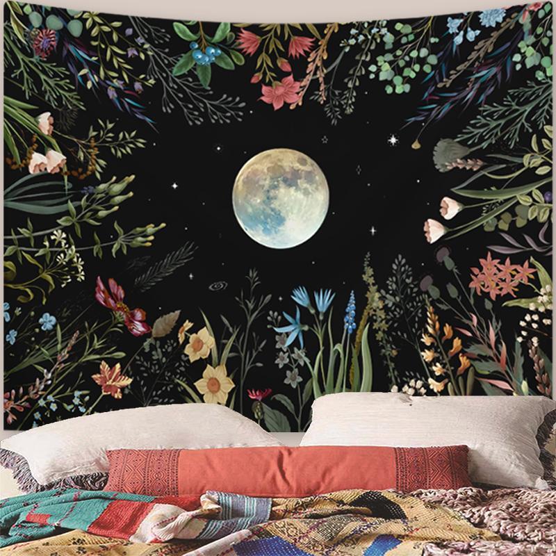 Moonlight Garden Pattern Tapestry, Colorful Floral & Moon Print Tapestry, Wall Hanging Decor for Home Living Room Bedroom, Home Decor