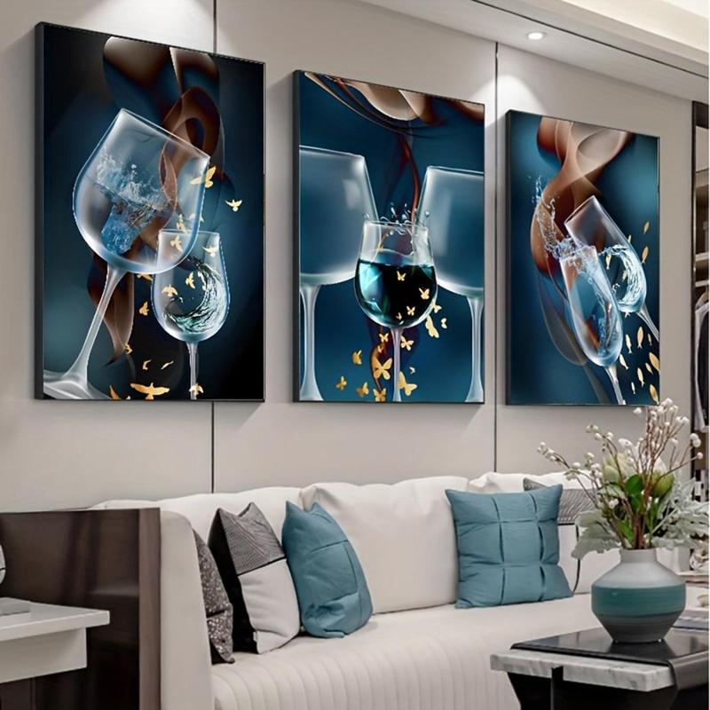 Wine Glass Pattern Unframed Painting, 3 Counts set Modern Canvas Wall Art, Wall Decor for Home Living Room Bedroom Dining Room Kitchen Office