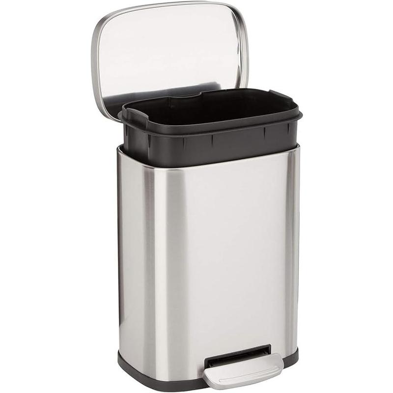 Anti smudging small rectangular trash can with soft closing foot pedal, brushed stainless steel, 5 liters 1.32 gallons, 7.3 x 8.5 x 11.8 inches (length x width x height)