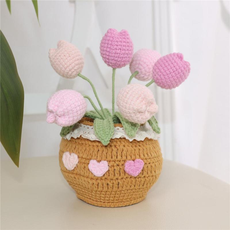 Room Decor Indoor Plants Handmade Crochet Tulip Potted Plant, 1 Count Knitting Tulip Potted Plant, Christmas 2024 Ornament, Tulips Artificial Crochet Bouquet Desktop Decoration for Home Office, Gift for Friend & Family