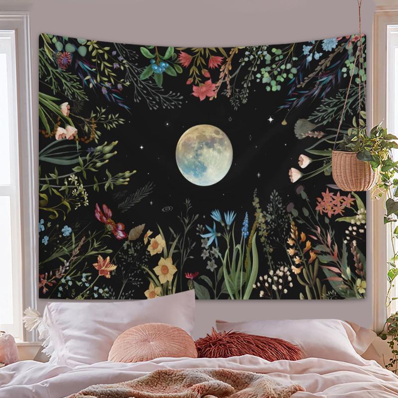 Moonlight Garden Pattern Tapestry, Colorful Floral & Moon Print Tapestry, Wall Hanging Decor for Home Living Room Bedroom, Home Decor