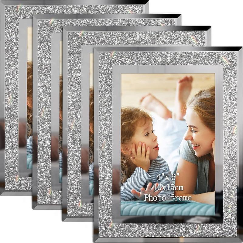 4x6 Glitter Picture Frames Set of 4, Sparkle Glass Photo Frame for Tabletop, Horizontal or Vertical Display Decor Gift