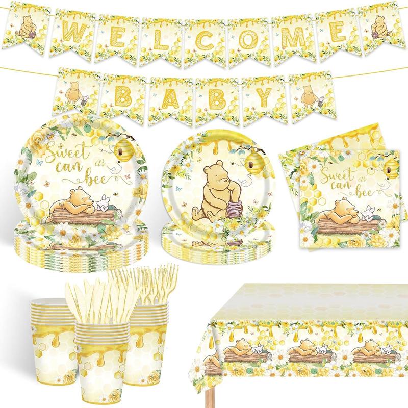 122 count Classic Bear Party Supplies Spring  Shower Party Decorations for  Boys Girls Birthday Winnie Bear the Pooh Plates Napkins Cups Tablecloths Banners Disposable Tableware Set for 20 Guests