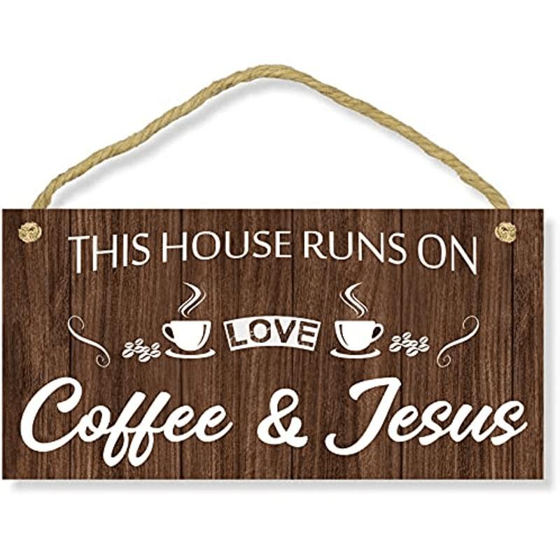 Coffee & Jesus Letter Pattern Wooden Hanging Sign, 1 Count Modern Simple Wall Art, Wall Decor for Home Living Room Bedroom Coffee Shop