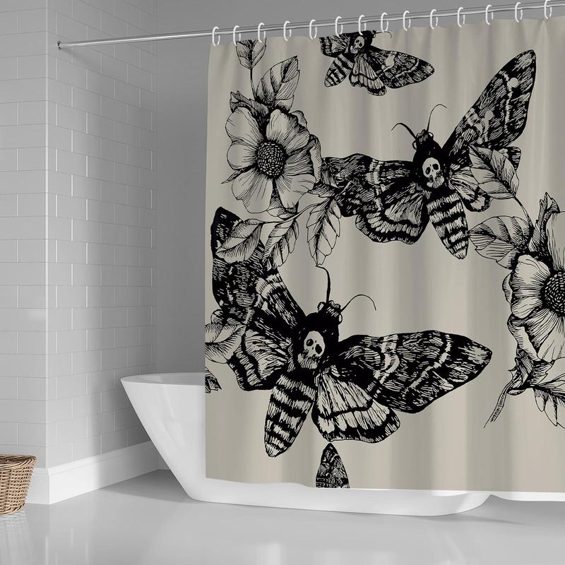 Gothic Skeleton Moth & Flower Pattern Shower Curtain, 1 Count Waterproof Bathroom Curtain with 12pcs Hooks, Bathroom Decor Supplies for Home Hotel Salon