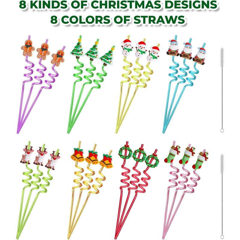 Christmas Party Favors for Kids Bulk, Christmas Straws for Kids Plastic, Christmas Party Favors for Kids Goodie Bags, Christmas School Party Favors for Kids, 24 Christmas Straws & 2 Cleaning Brushes